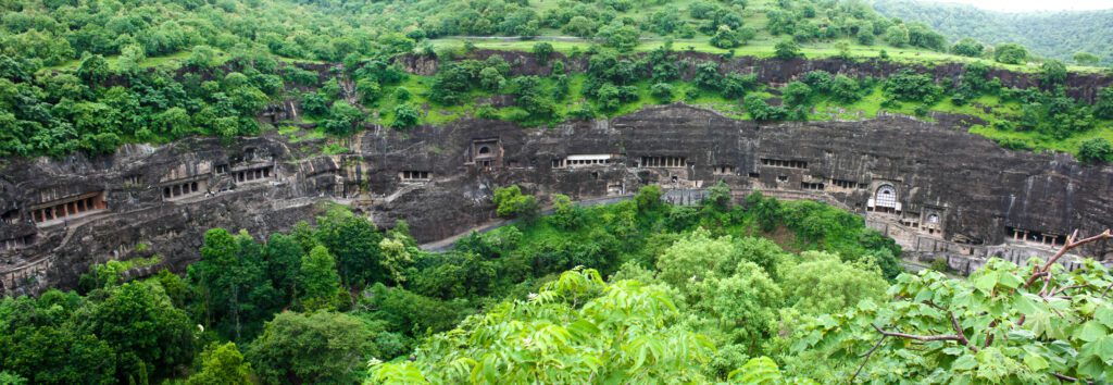 Ajanta Caves during the wet season in India